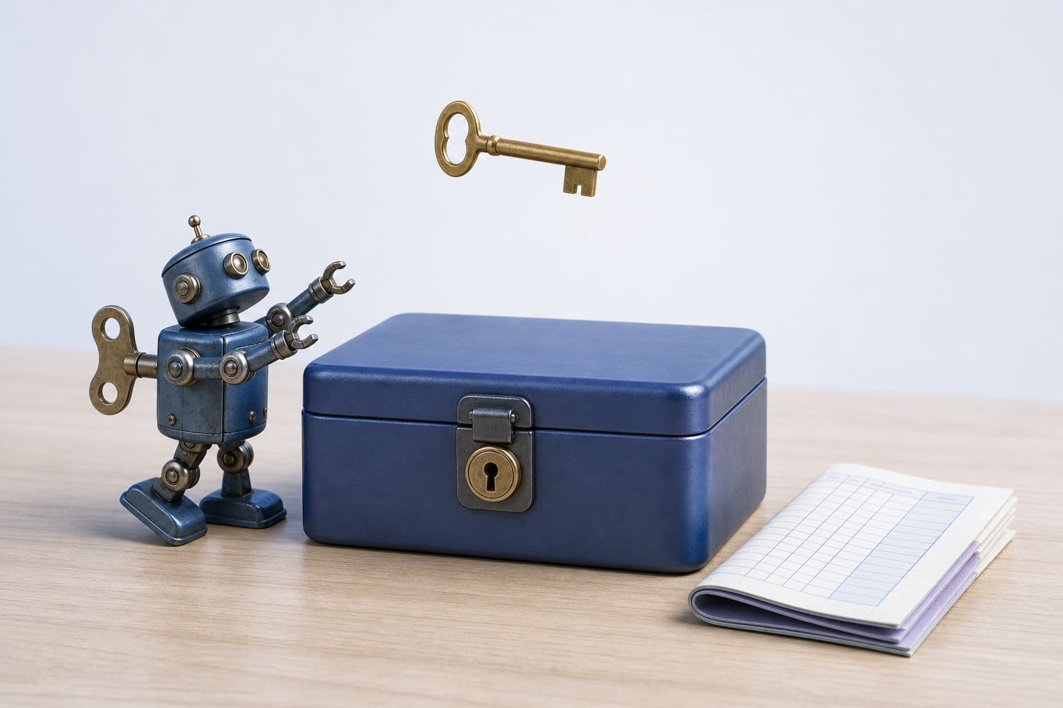 A closed metal lockbox with a brass key floating above it and a small mechanical toy beside a paper ledger