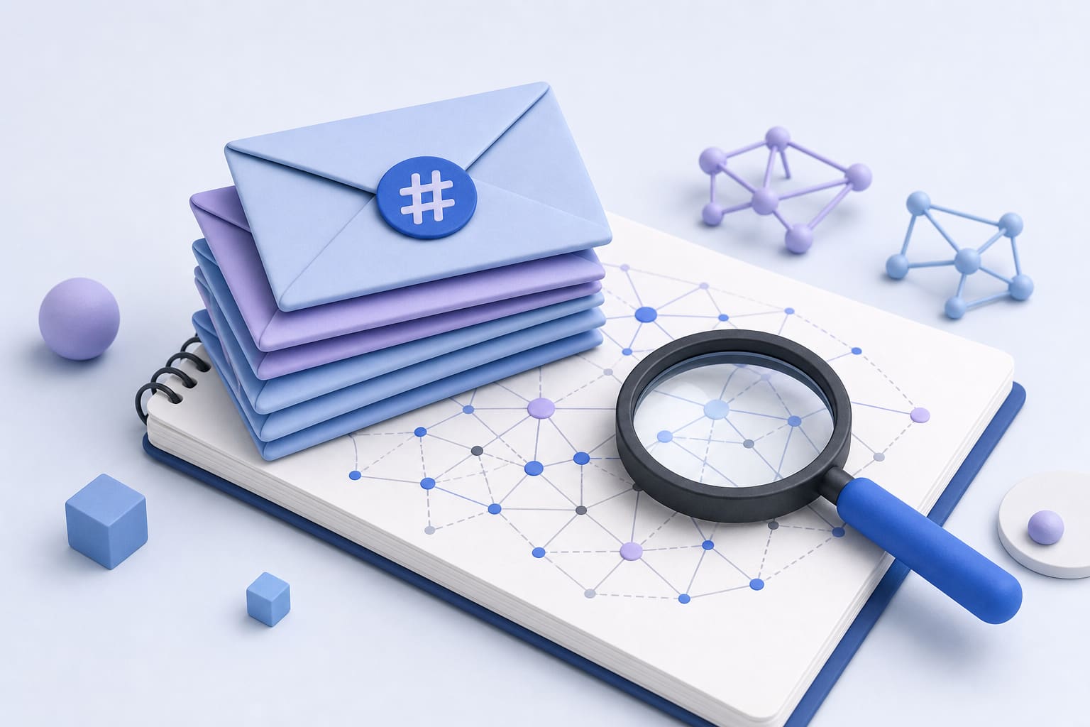 Stack of hashed envelopes, magnifying glass, and notebook with network diagrams representing account abuse investigation