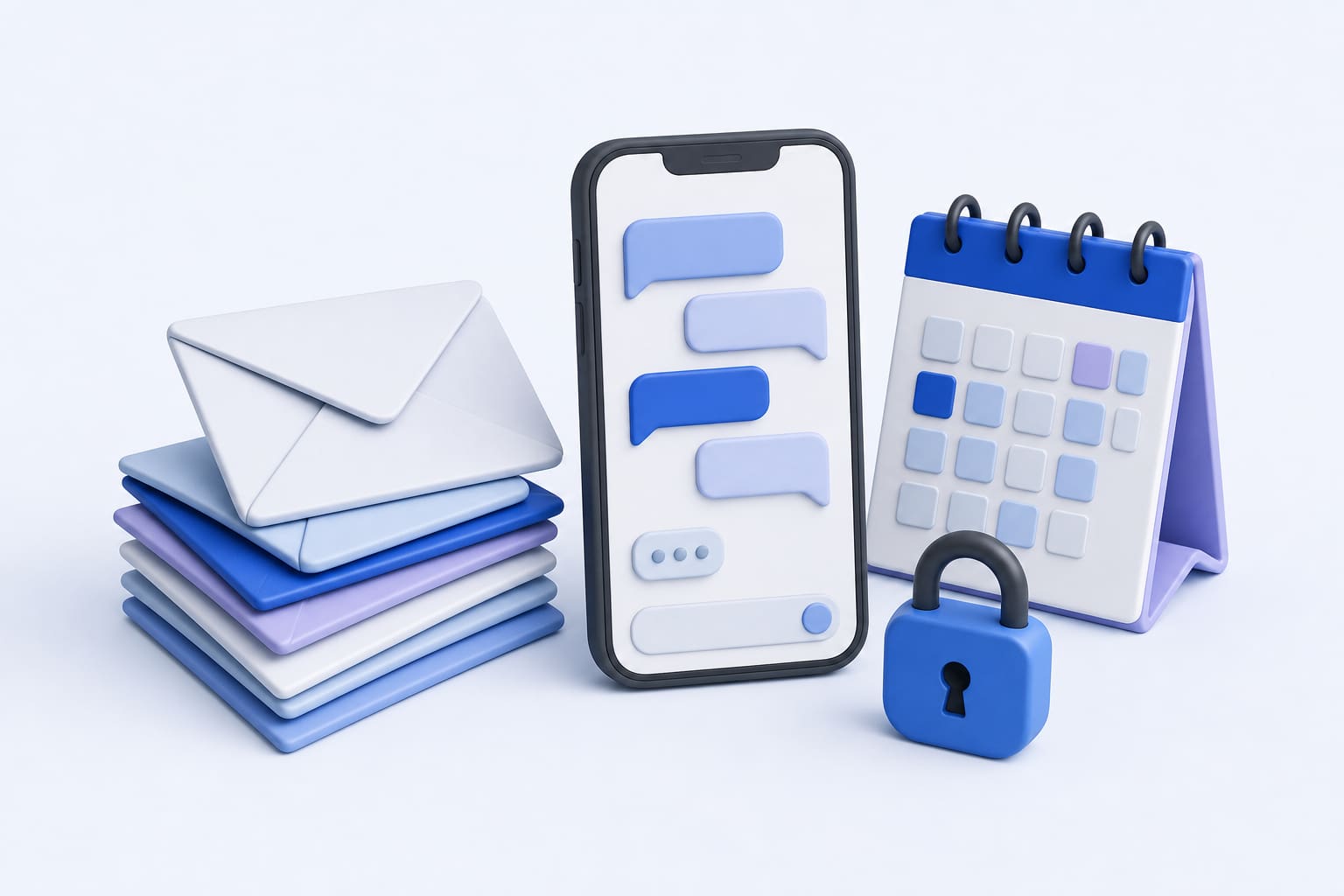 Envelopes, smartphone with text bubble, calendar page, and padlock representing secure text‑based AI assistants