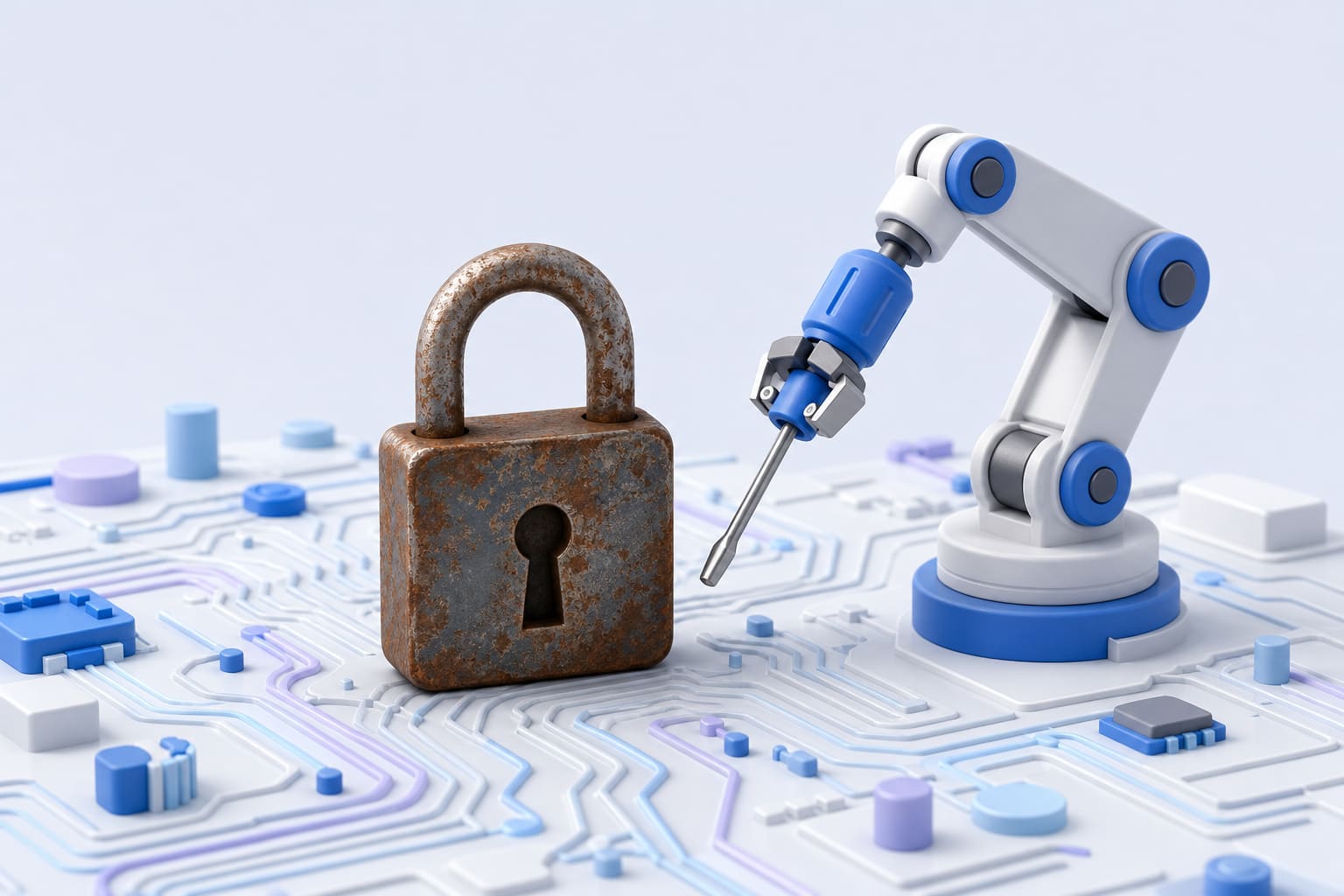 Rusty padlock on a circuit board with a robot arm holding a screwdriver, symbolizing AI-driven security challenges
