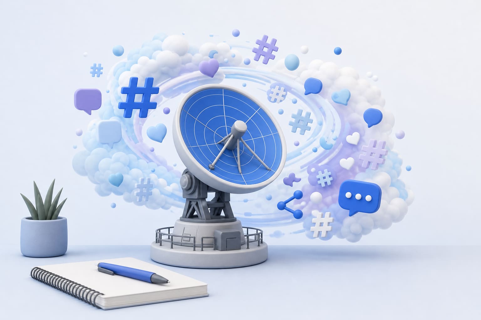 A radar dish on a desk surrounded by swirling clouds of social media icons and hashtags, symbolizing AI tracking online rumors
