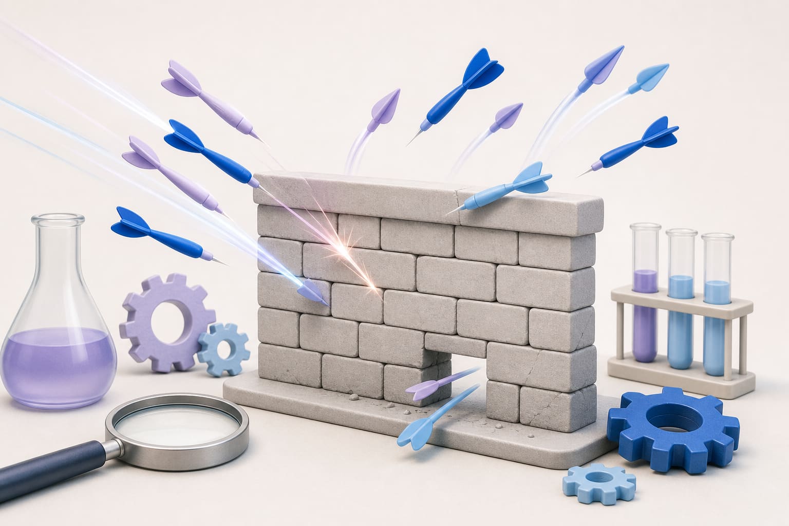 Stone wall (WAF) deflects many bright darts (AI attacks) with a few slipping through a gap, set among lab tools