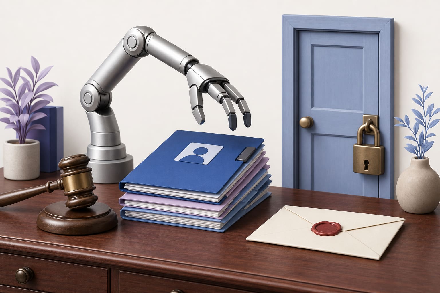 Gavel, robot arm, locked bathroom door, and sealed envelope on a desk.