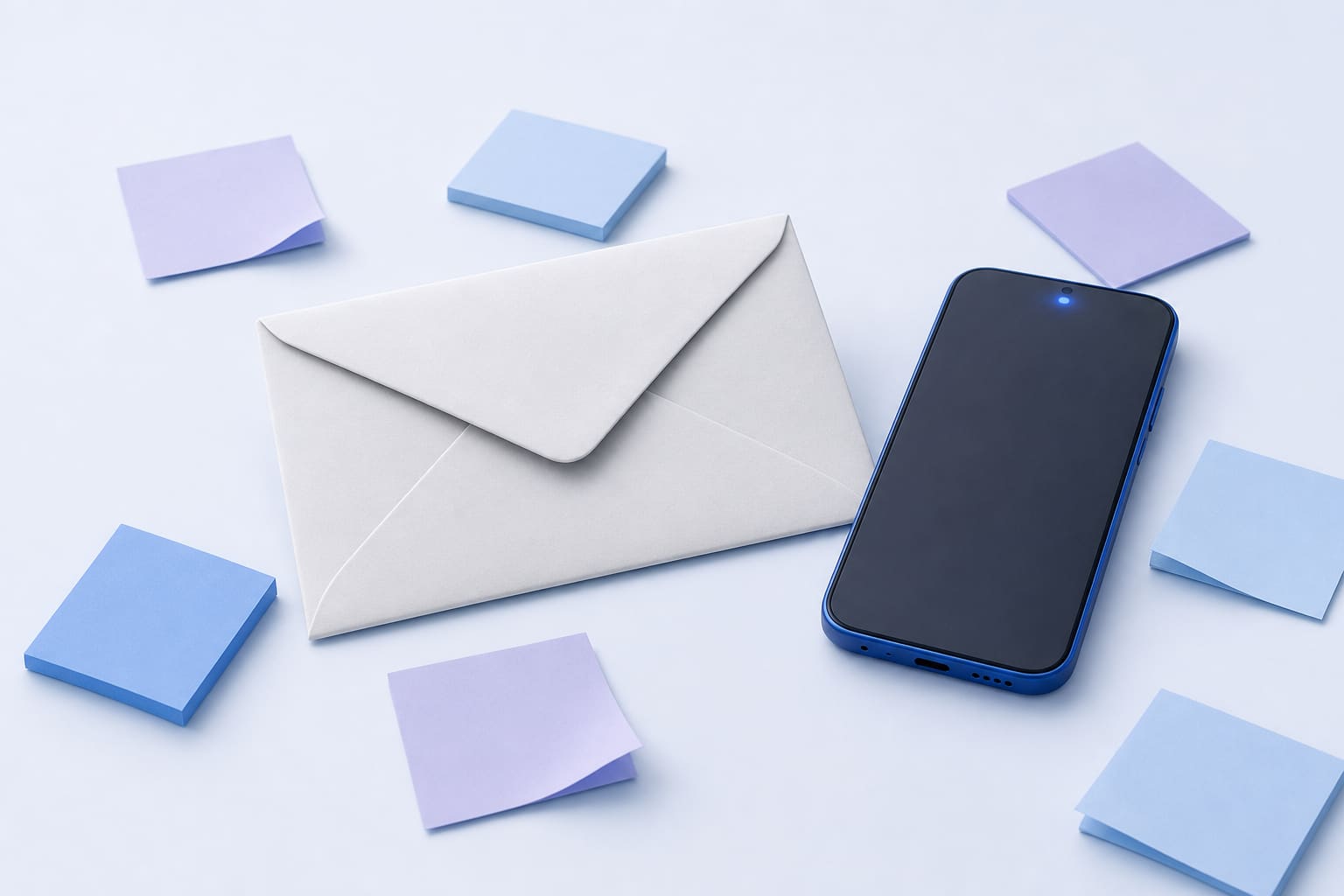 A paper envelope next to a muted smartphone, with sticky notes scattered around, symbolizing secure, organized workplace communication