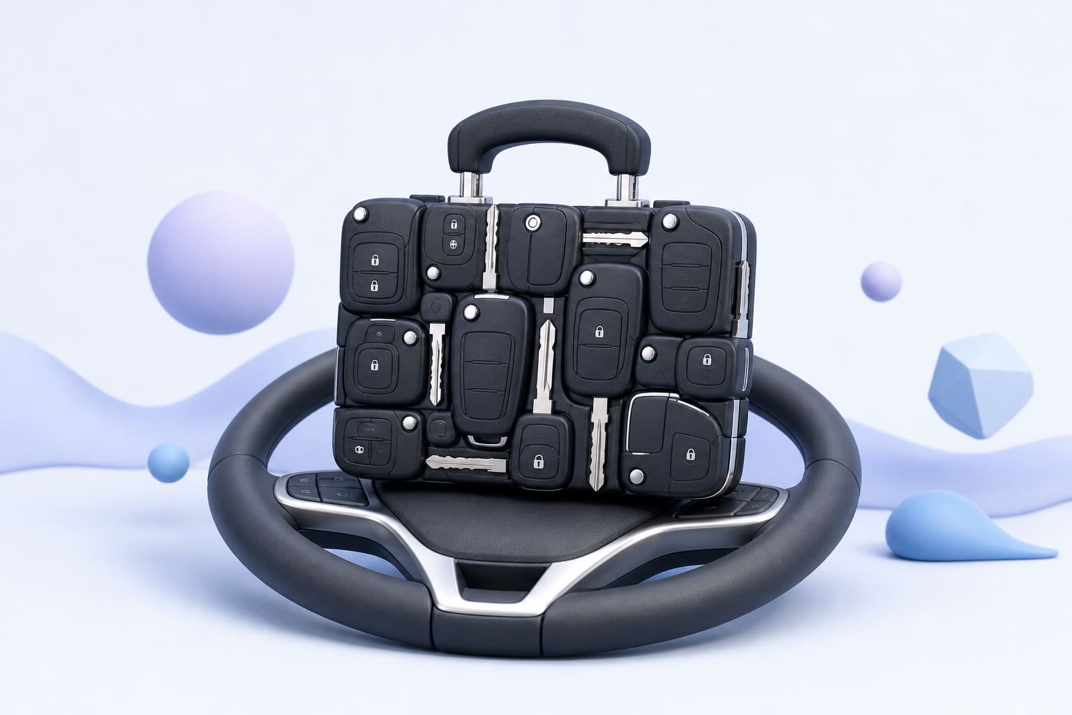 A briefcase fashioned from car keys placed on a steering wheel, symbolizing work apps in a vehicle.