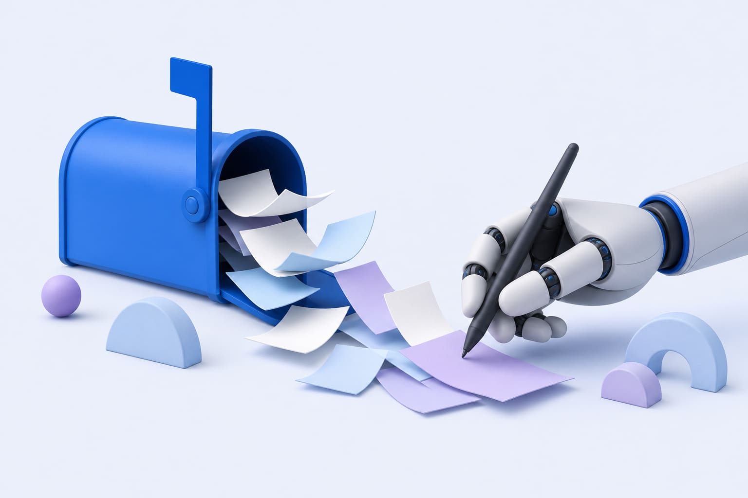 A tipped mailbox spilling paper tip forms onto a robotic arm holding a stylus