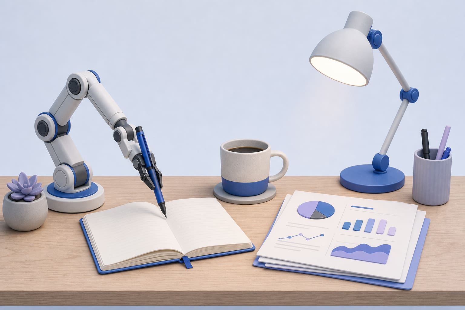 Desk scene with notebook, coffee cup, robotic arm with pen, and printed charts illuminated by a lamp