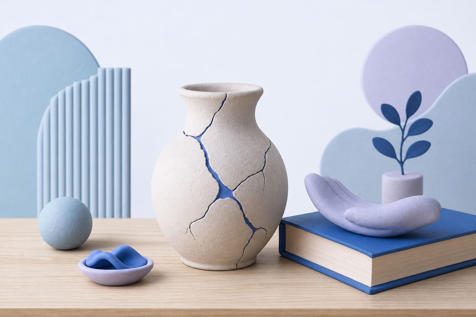 A cracked clay vase next to a closed book on a wooden table, representing the need to stop abusive treatment of AI models