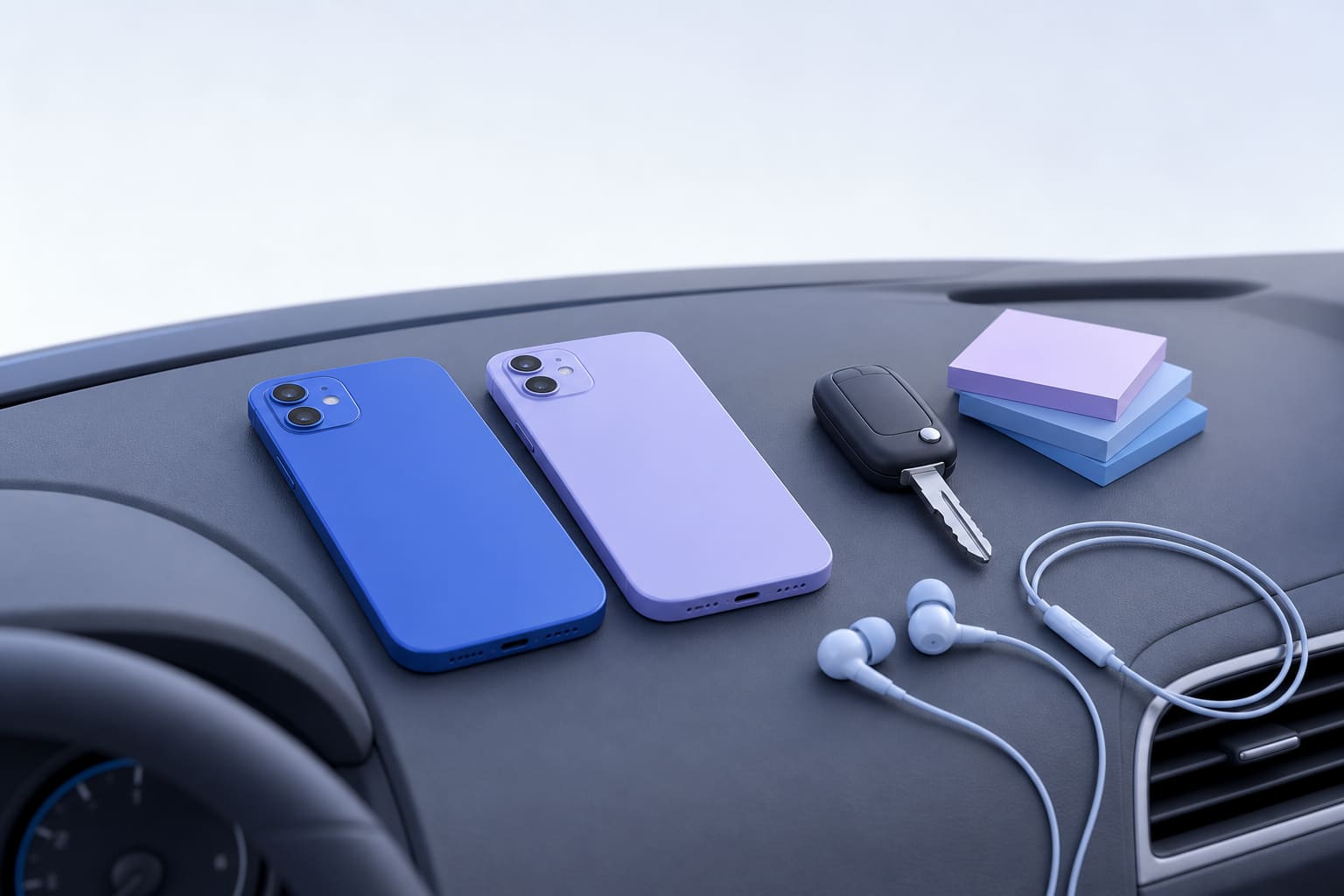 Two smartphones on a car dashboard with a car key, sticky notes, and earphones