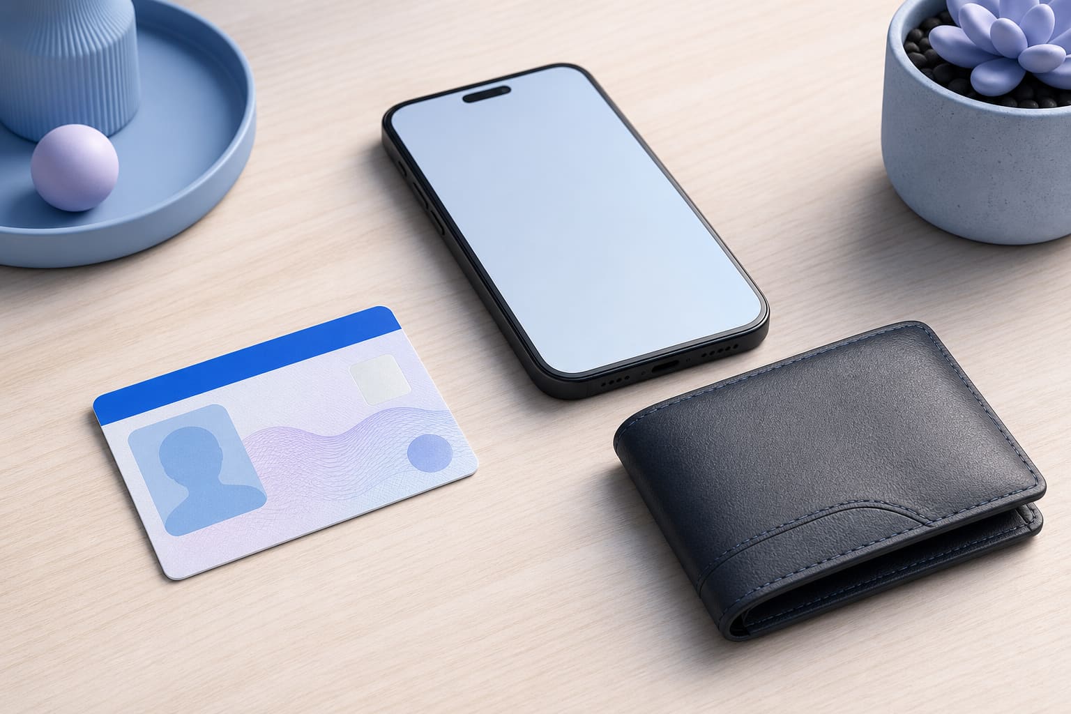Driver's license card next to a smartphone and empty wallet on wood surface