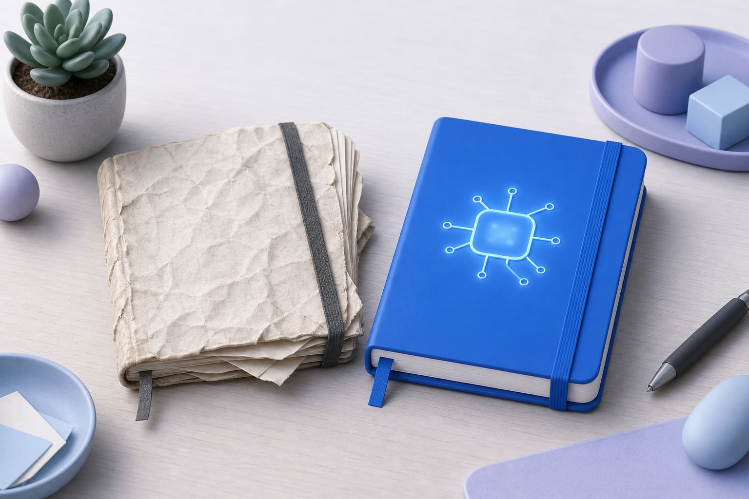A wilted notebook next to a new notebook with a glowing AI emblem, symbolizing transition from an old browser to a new AI‑first browser