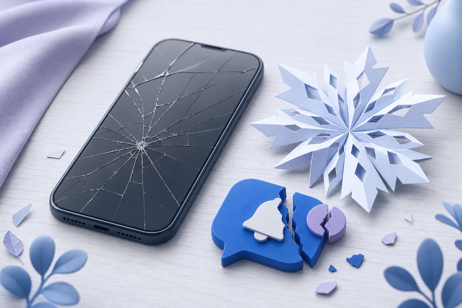 A cracked phone, a paper snowflake, and a broken notification badge on a table representing a compromised push alert