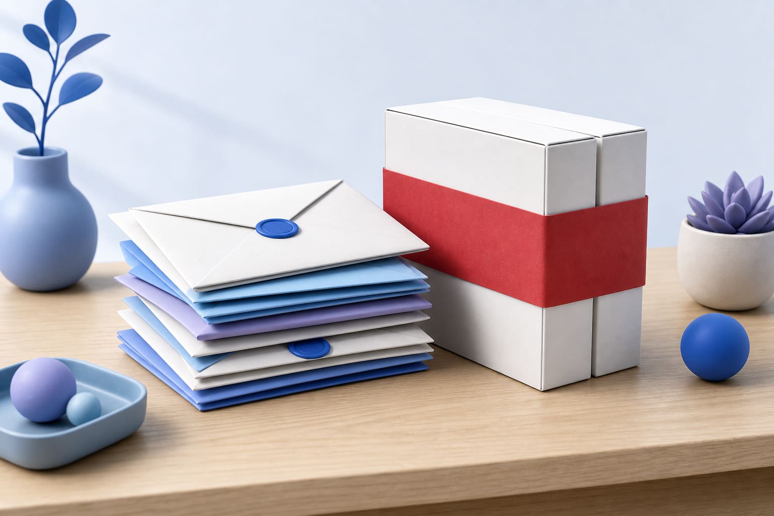 Sealed envelopes next to two white software boxes wrapped with a red paper band on a desk