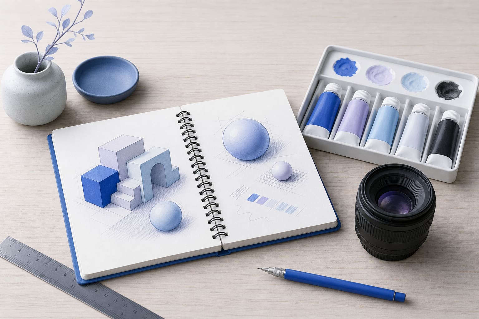 open sketchbook with paint tubes, ruler, and camera lens on a desk, symbolizing AI image creation