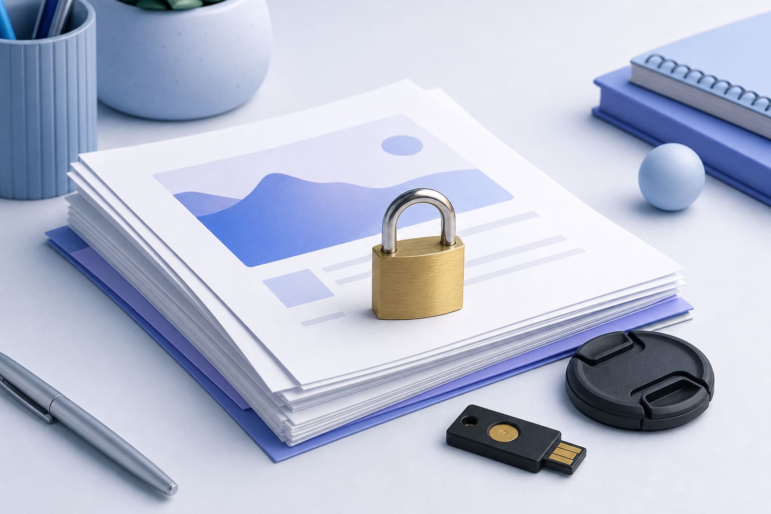 Brass padlock on printed PDFs next to a camera lens cap and USB security key on a desk