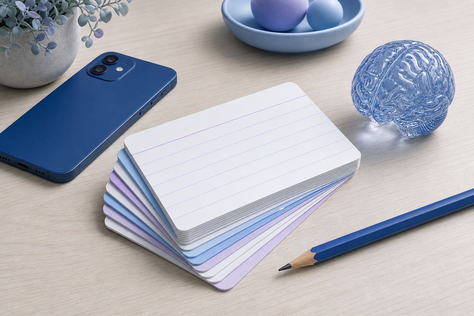 Blank index cards, pencil, small glass brain figurine, and a face-down smartphone on a wooden desk