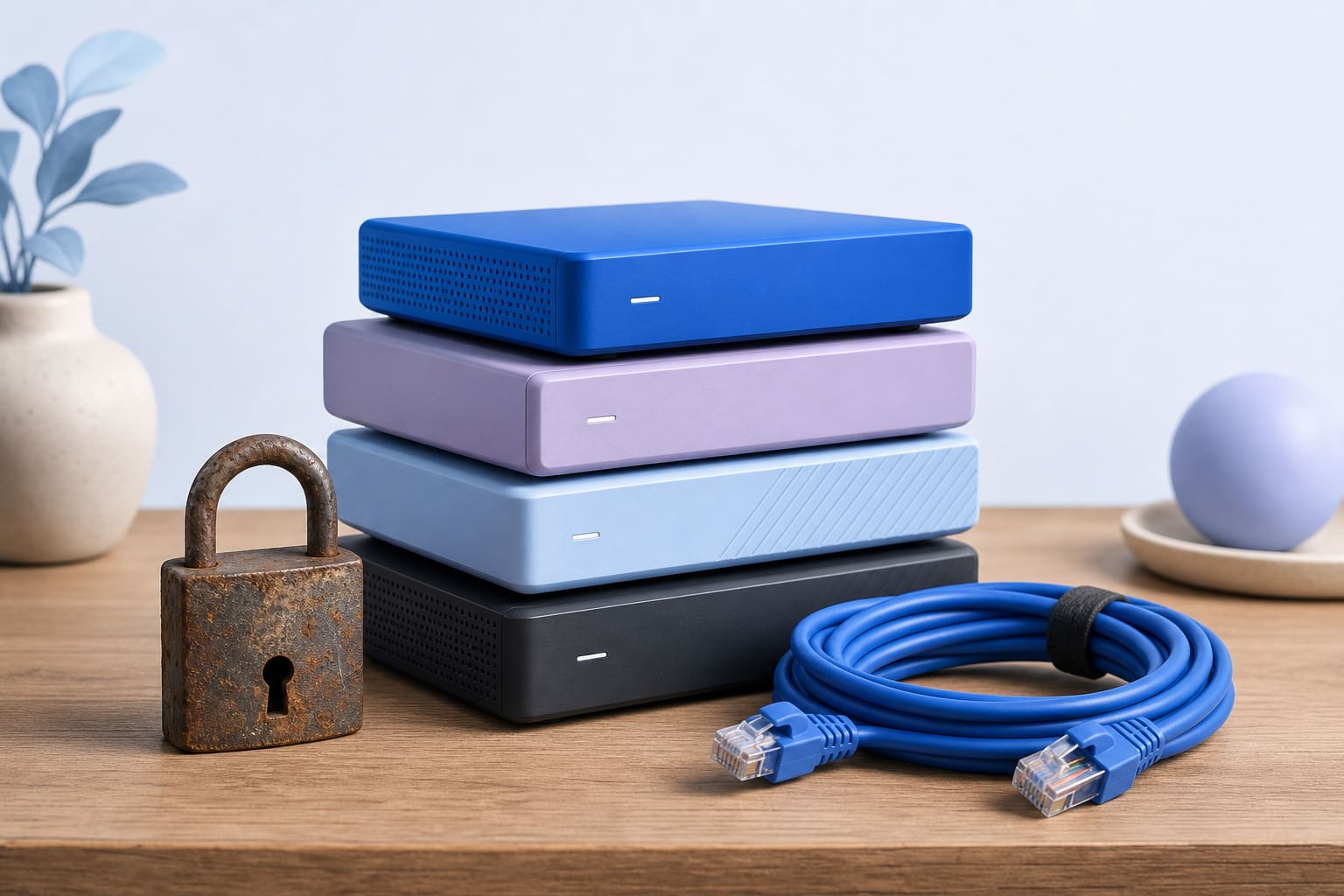 stack of external hard drives with a rusted padlock and coiled ethernet cable on a wooden table