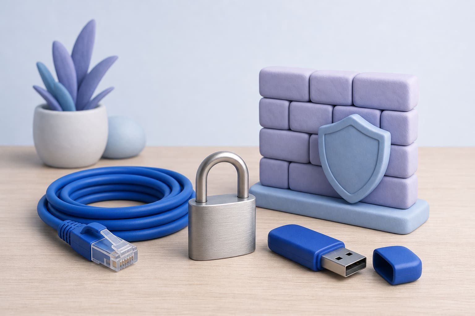 metal padlock, coiled network cable, USB drive, and a small clay firewall model on a desk