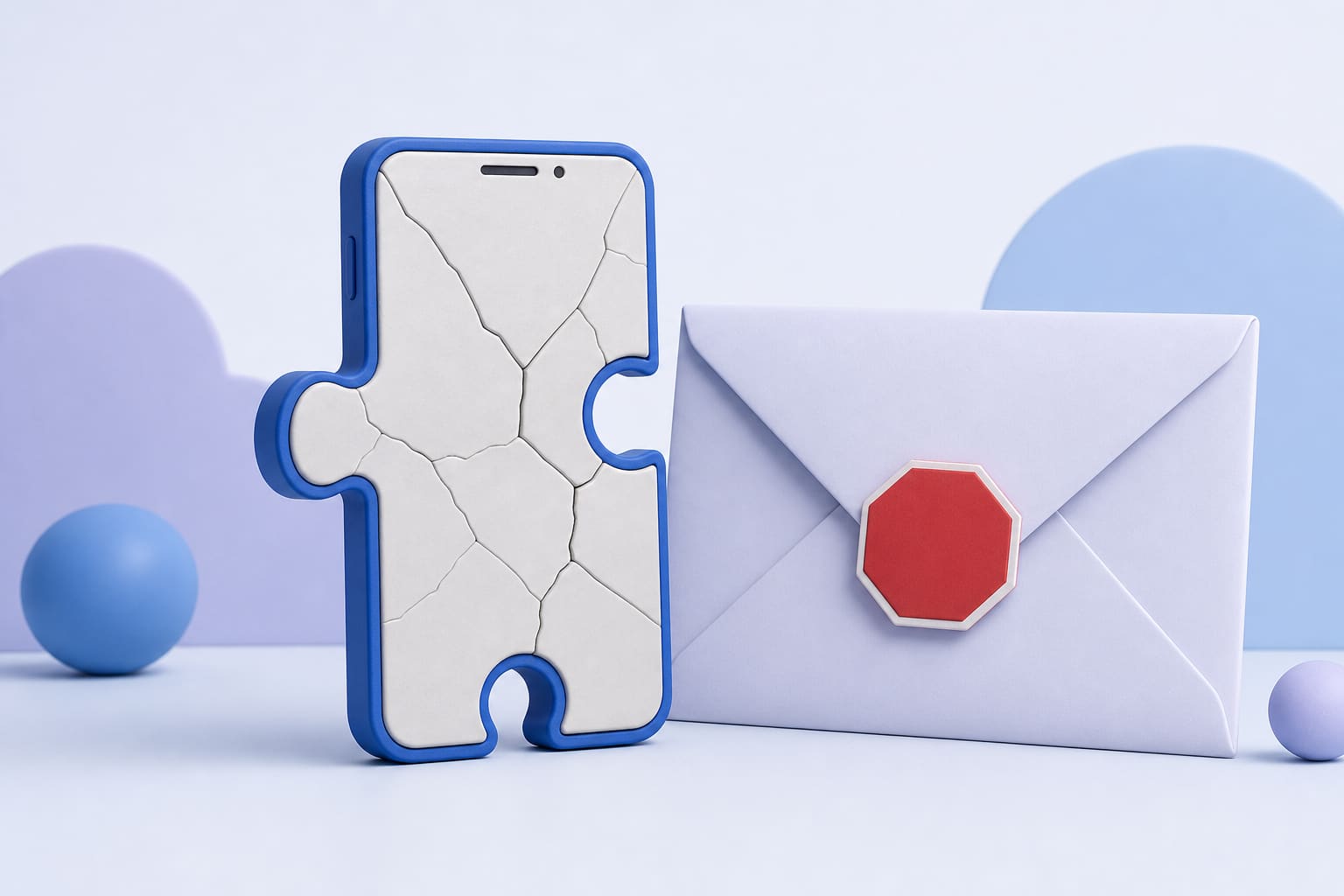 A cracked ceramic phone puzzle piece next to a sealed envelope with a red stop sign, symbolizing a fraudulent call and the need to stop it