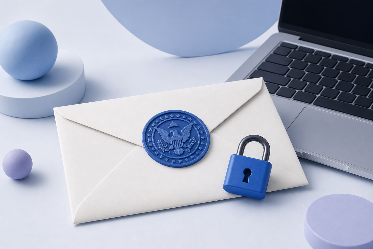 sealed envelope with federal seal and padlock on a laptop keyboard