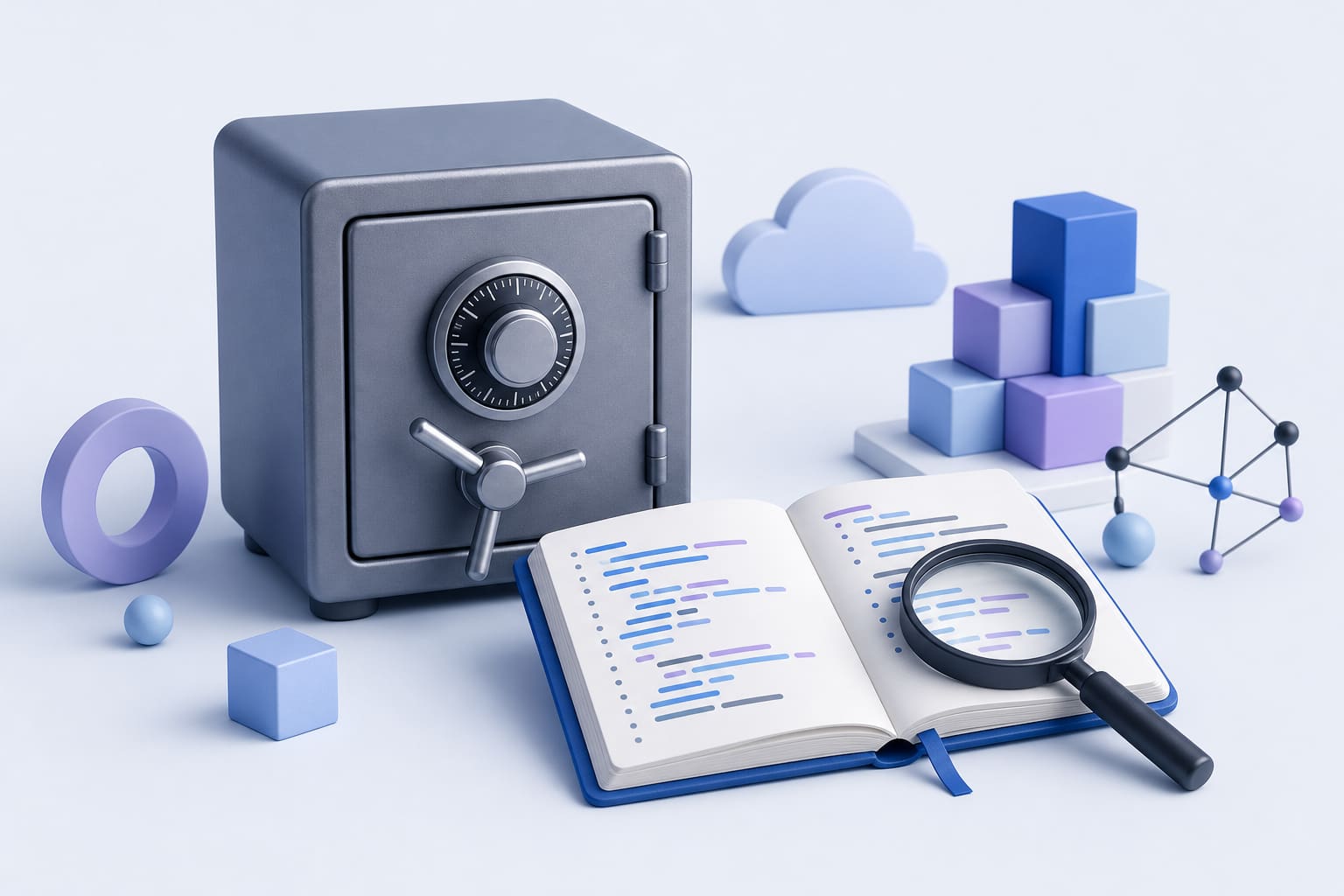 A metal safe, a notebook with code, and a magnifying glass symbolize secret detection in code repositories