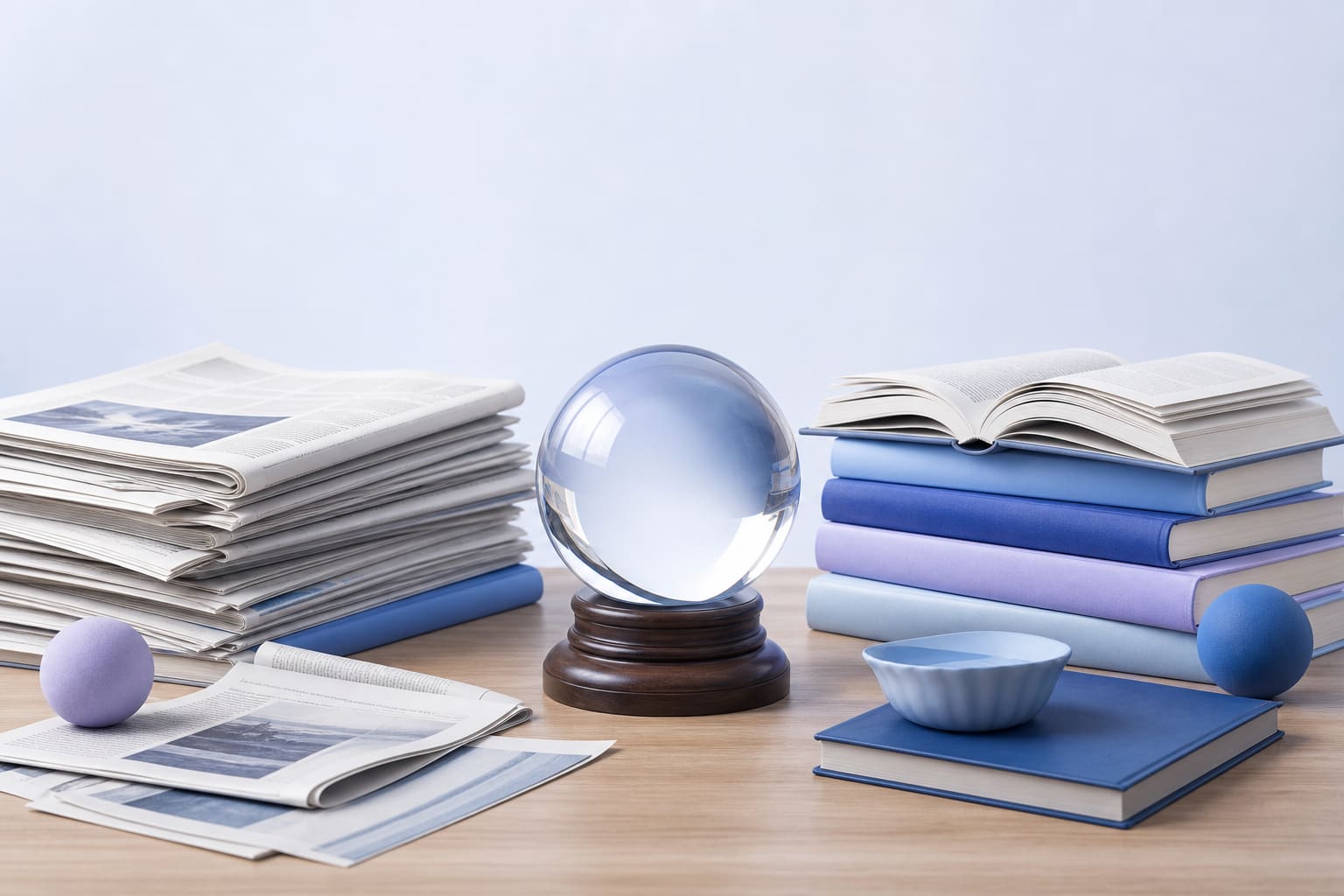 Printed newspapers and textbooks next to a crystal ball on a desk, symbolizing uncertainty in publishing
