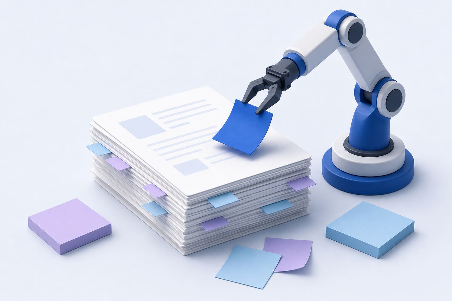 A pile of paper documents with sticky notes and a robotic arm adding another note
