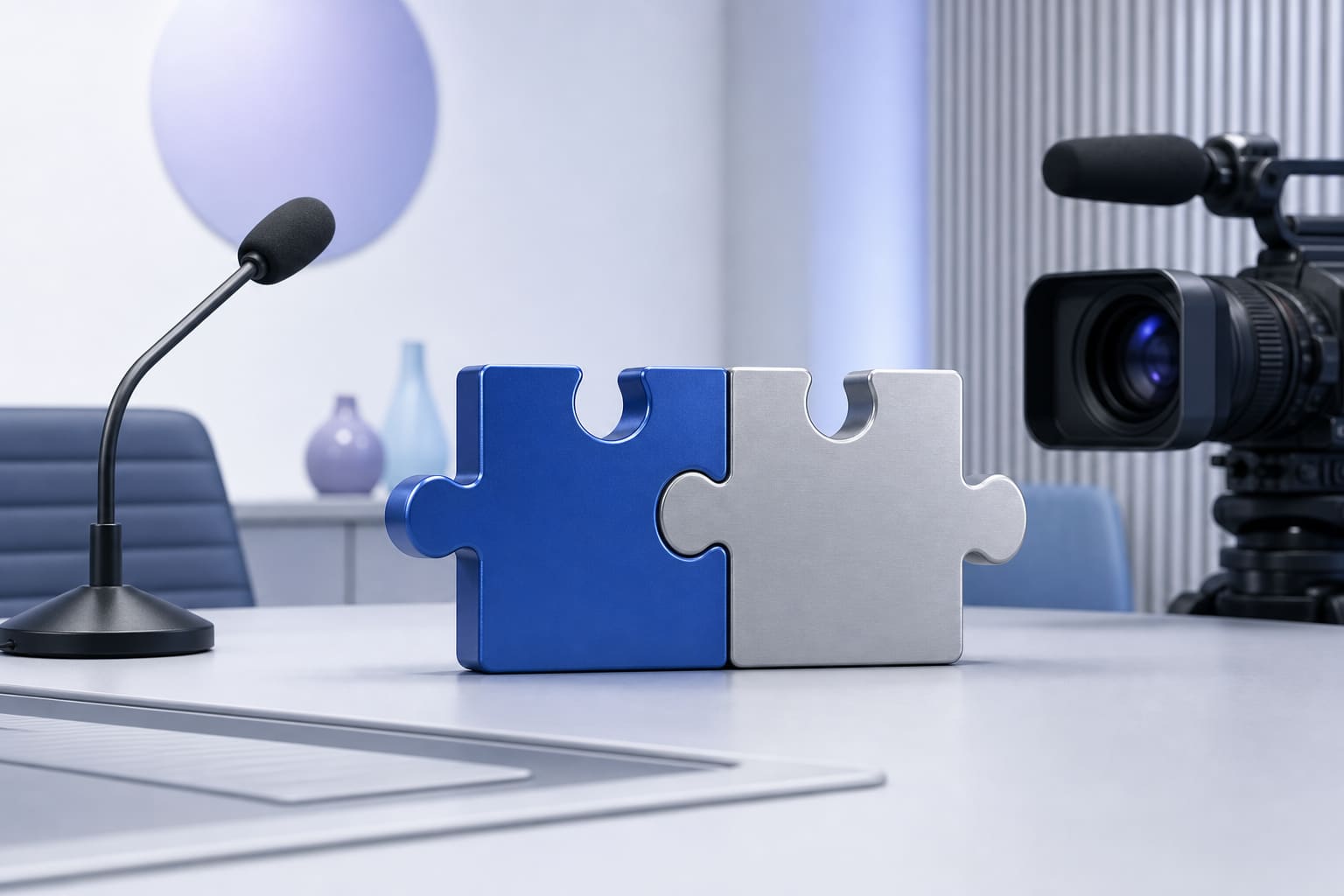 Two metal puzzle pieces interlocked on a table, next to a microphone and a camera, symbolizing video meeting integration