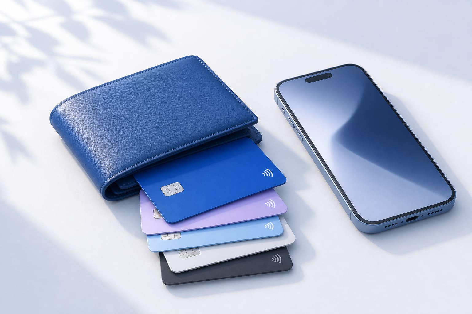 Leather wallet beside a smartphone with contactless cards spilling out, representing digital payment tools