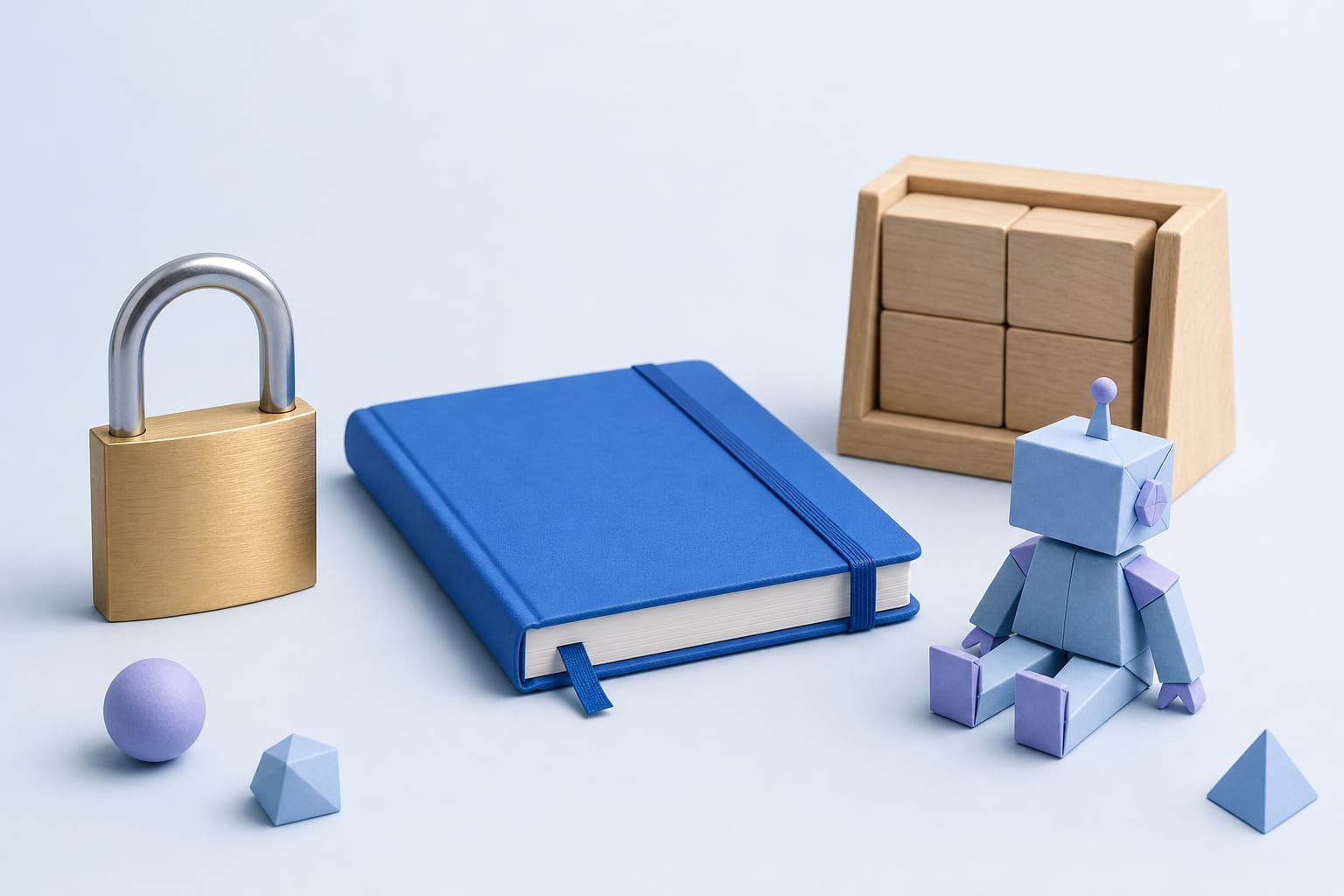 A brass padlock, closed notebook, calendar block, and paper robot on a desk representing security and automation