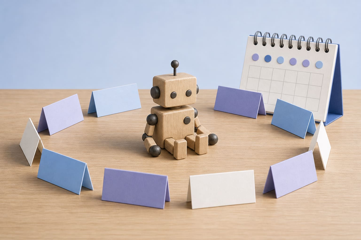 Wooden robot figurine among paper name tags and a calendar on a table