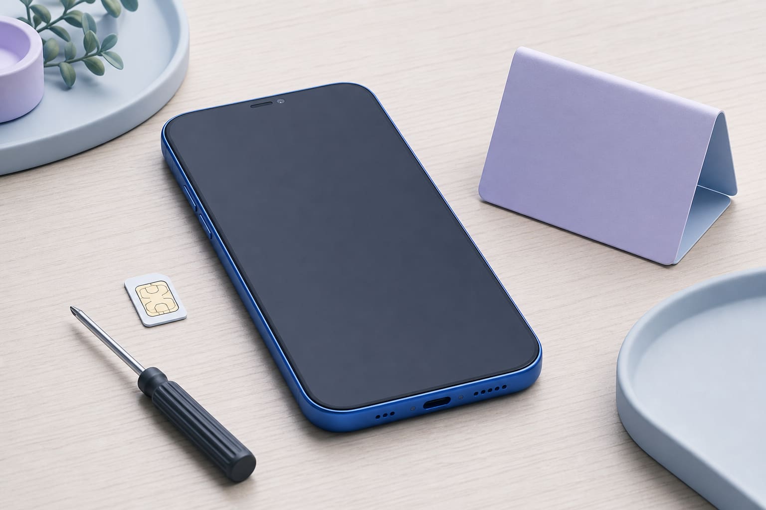smartphone on wood table with SIM card, small screwdriver, and folded appointment card