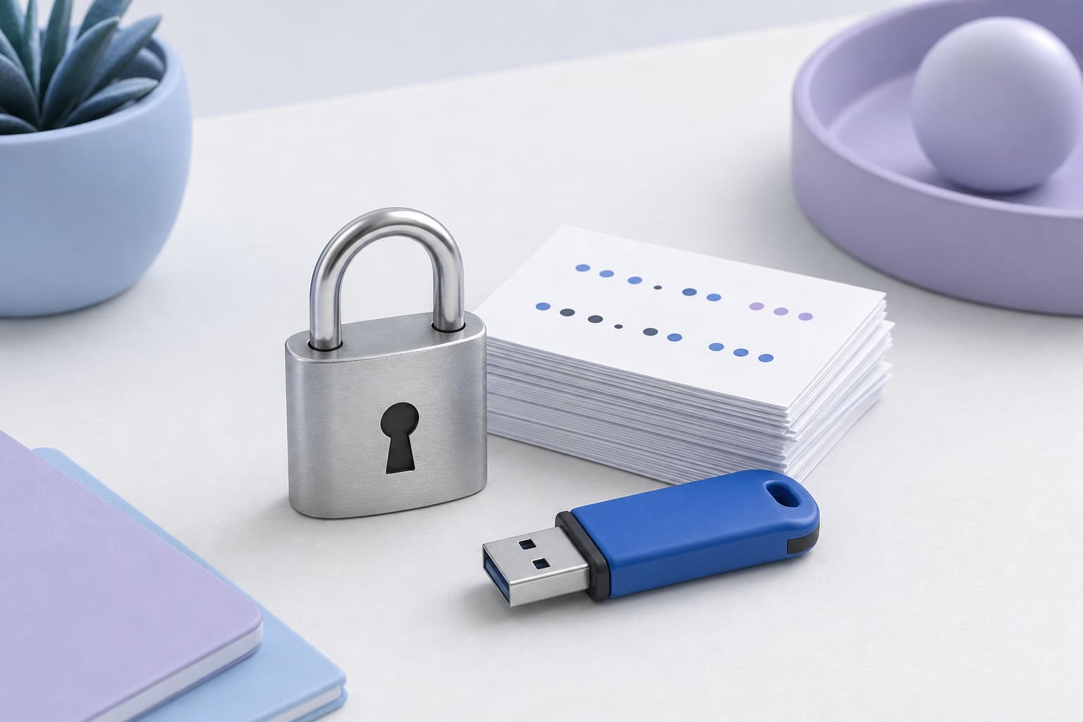 padlock with printed IP address slips and a USB drive on a desk