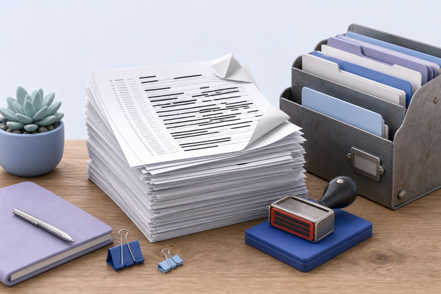 stack of printed server logs with folded pages, a redaction stamp, and a metal file sorter on a desk