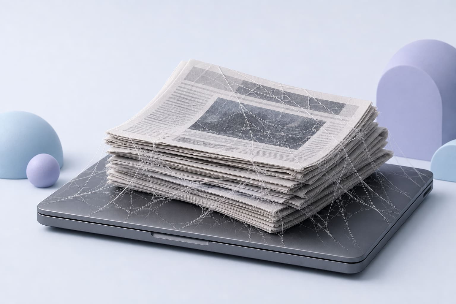 Newspaper pages wrapped in spider silk lying on a closed laptop, symbolizing unwanted web crawling