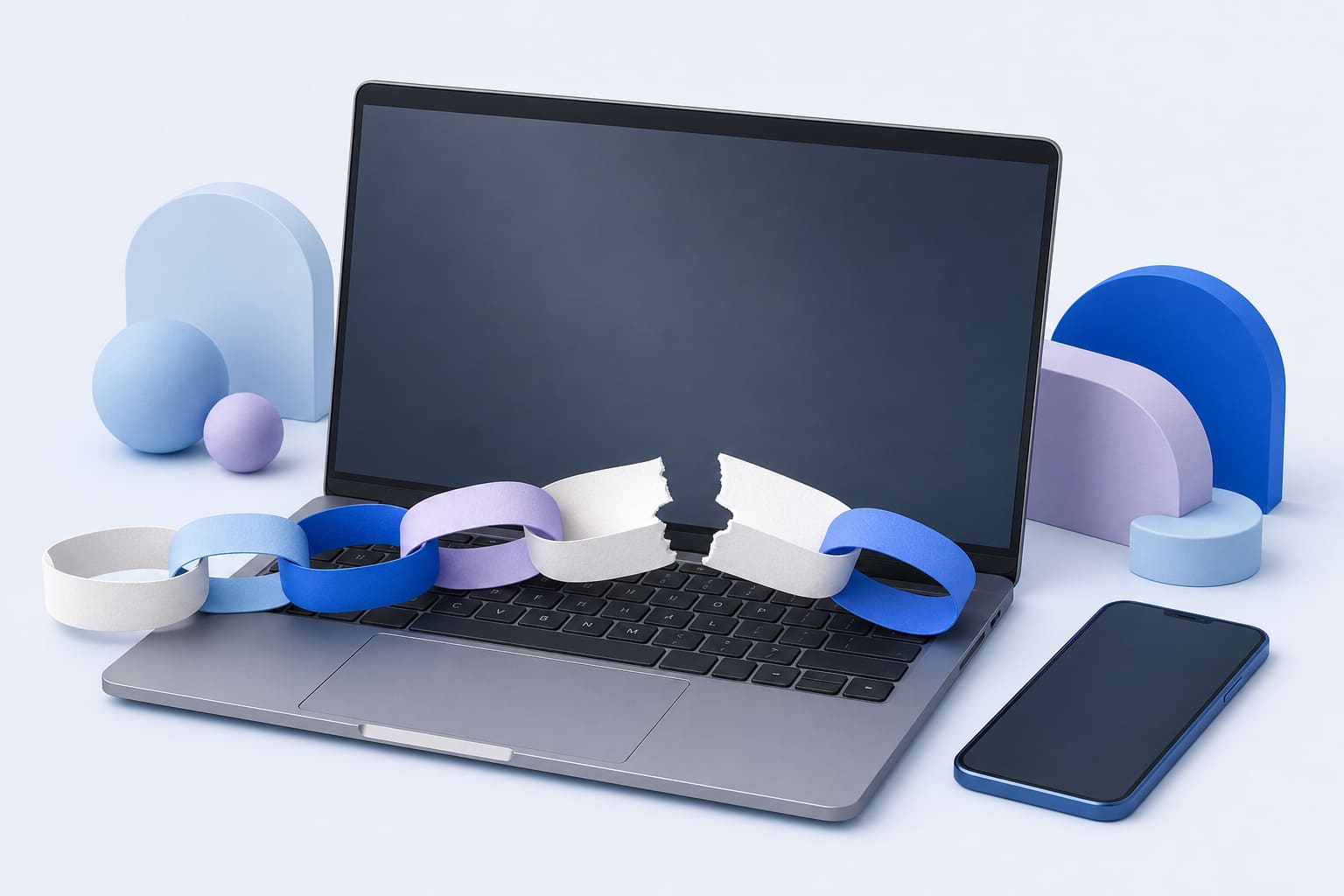 torn paper chain on a laptop keyboard beside a smartphone, symbolizing a broken advertising connection