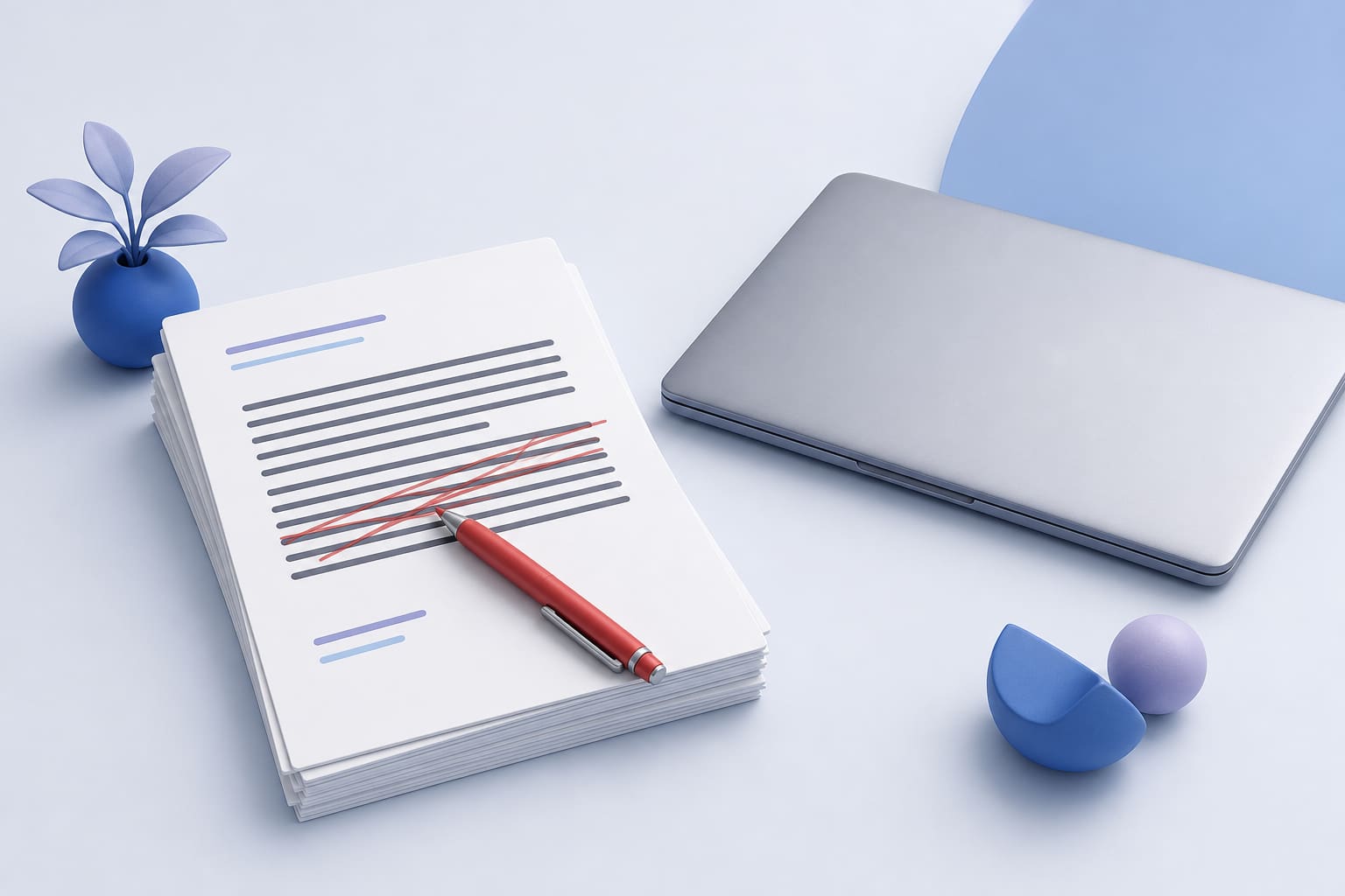 Contracts with a paragraph crossed out next to a closed laptop, symbolizing removed legal language