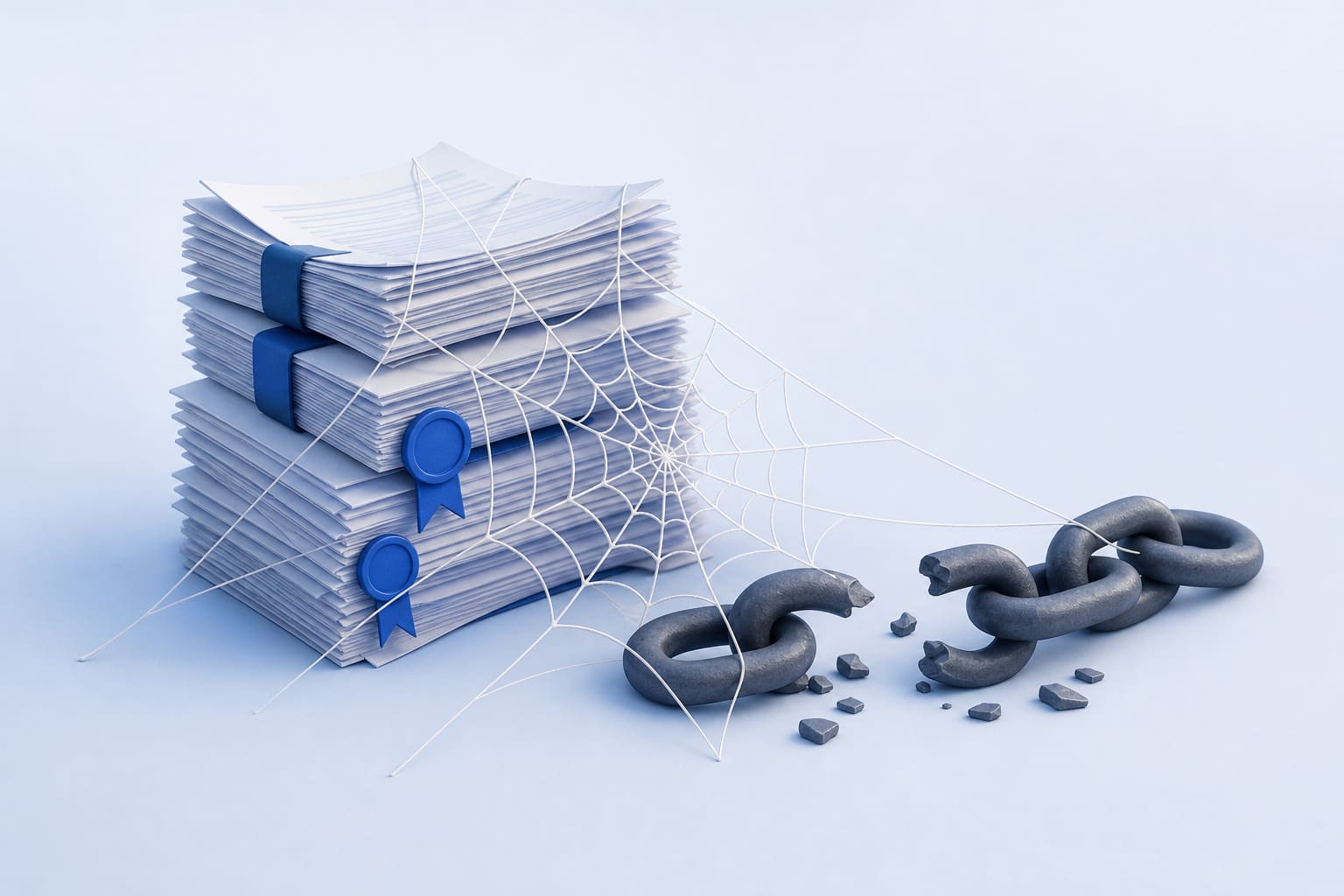 spider web over contracts with a broken chain, symbolizing tangled legal terms and broken restrictions