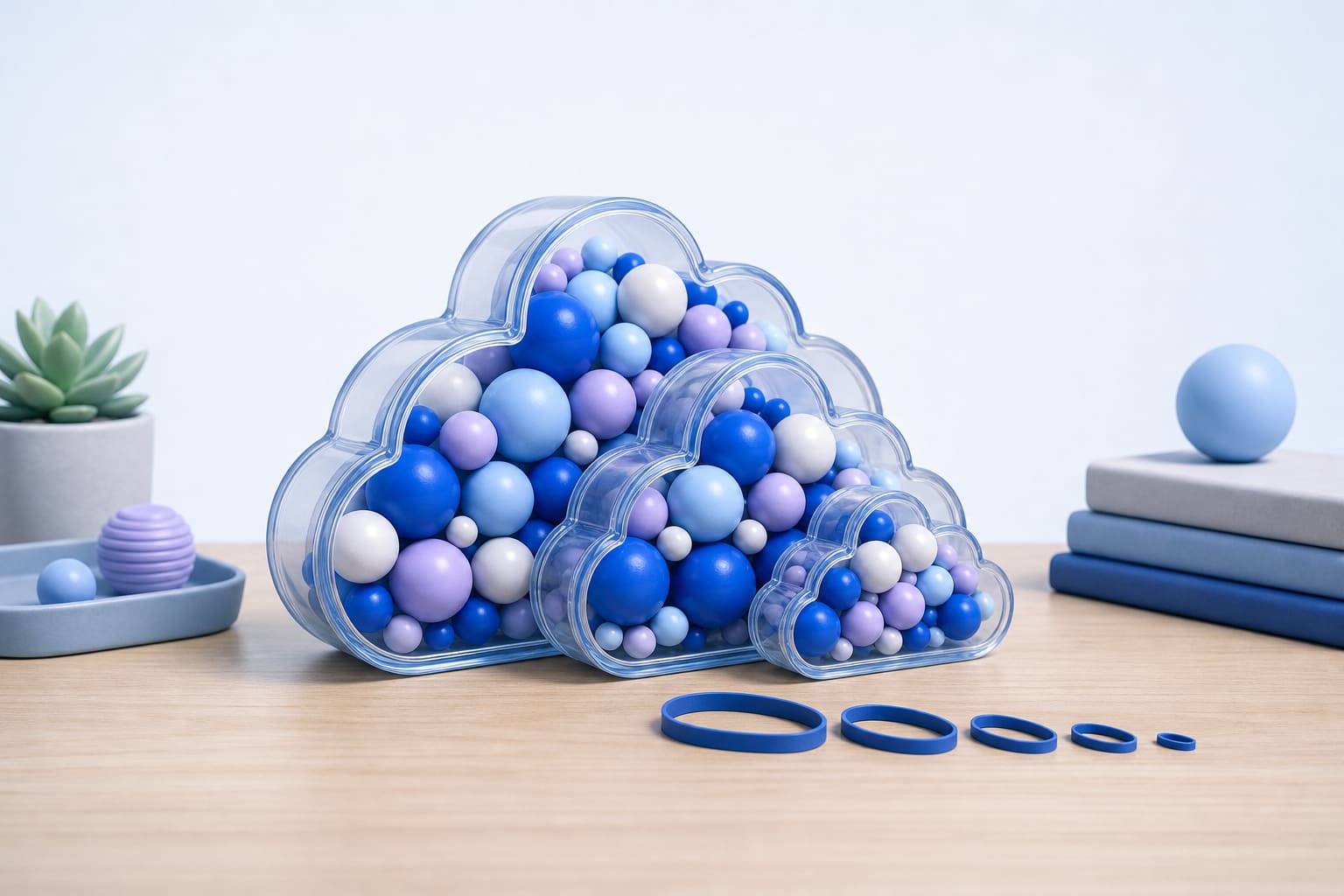 transparent cloud jars and a rubber band illustrate reduced storage capacity