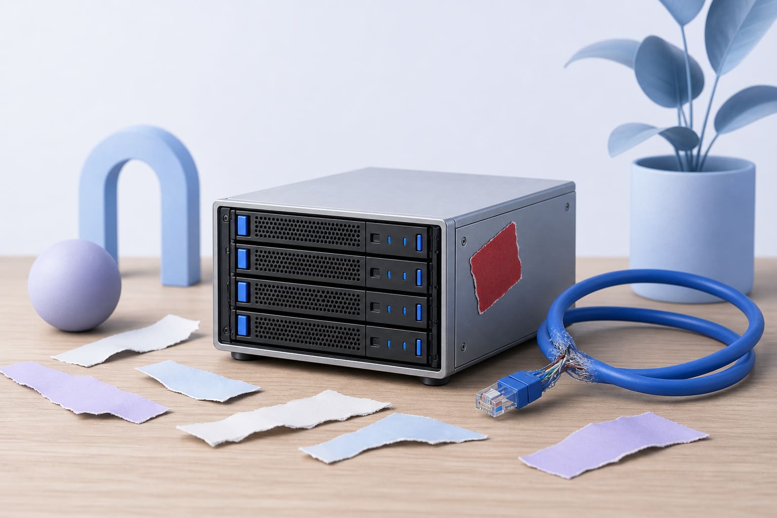 Model server on desk with torn paper, a frayed ethernet cable, and a red repair sticker