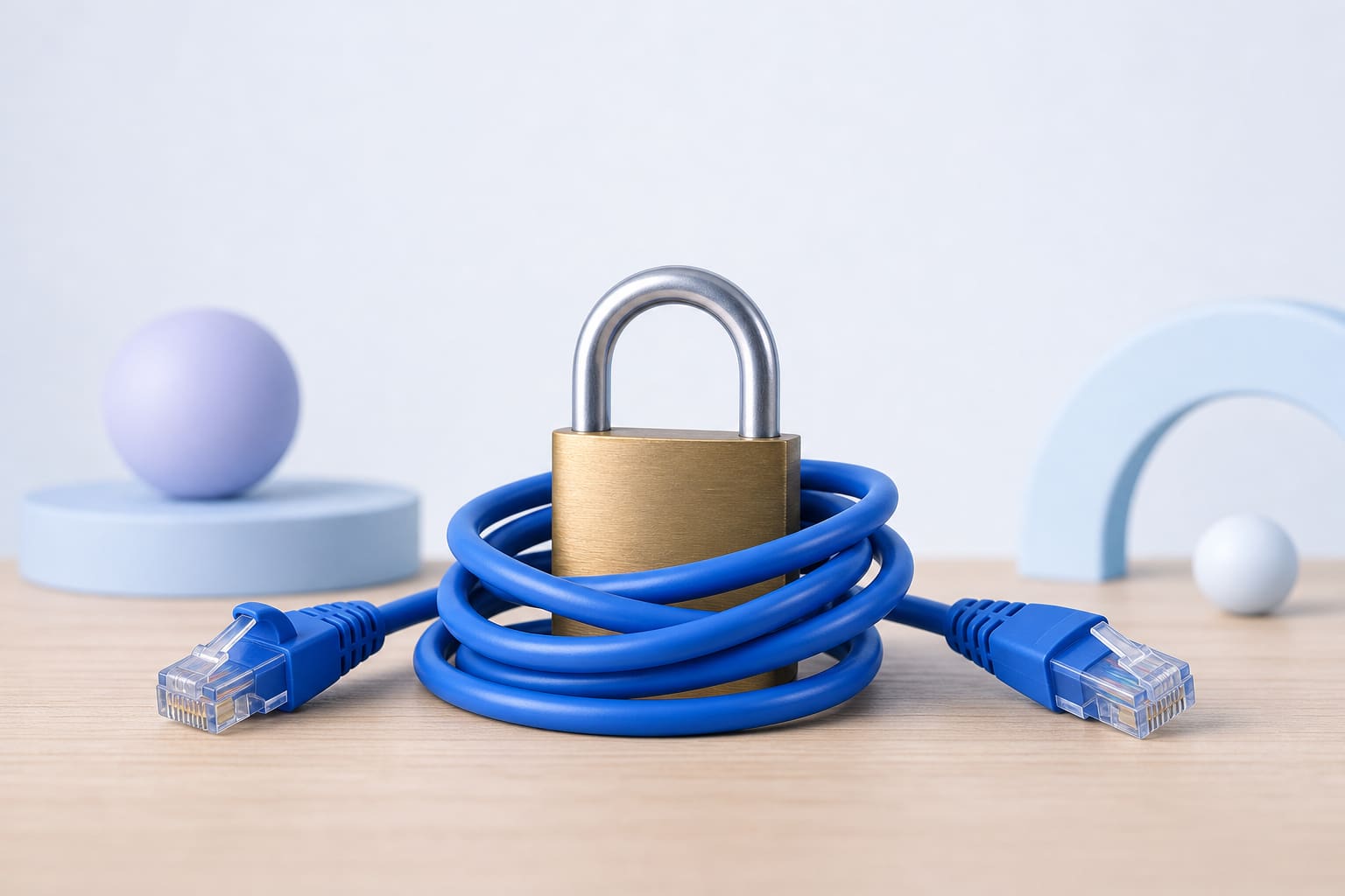 blue Ethernet cable coiled around a brass padlock on a wooden table