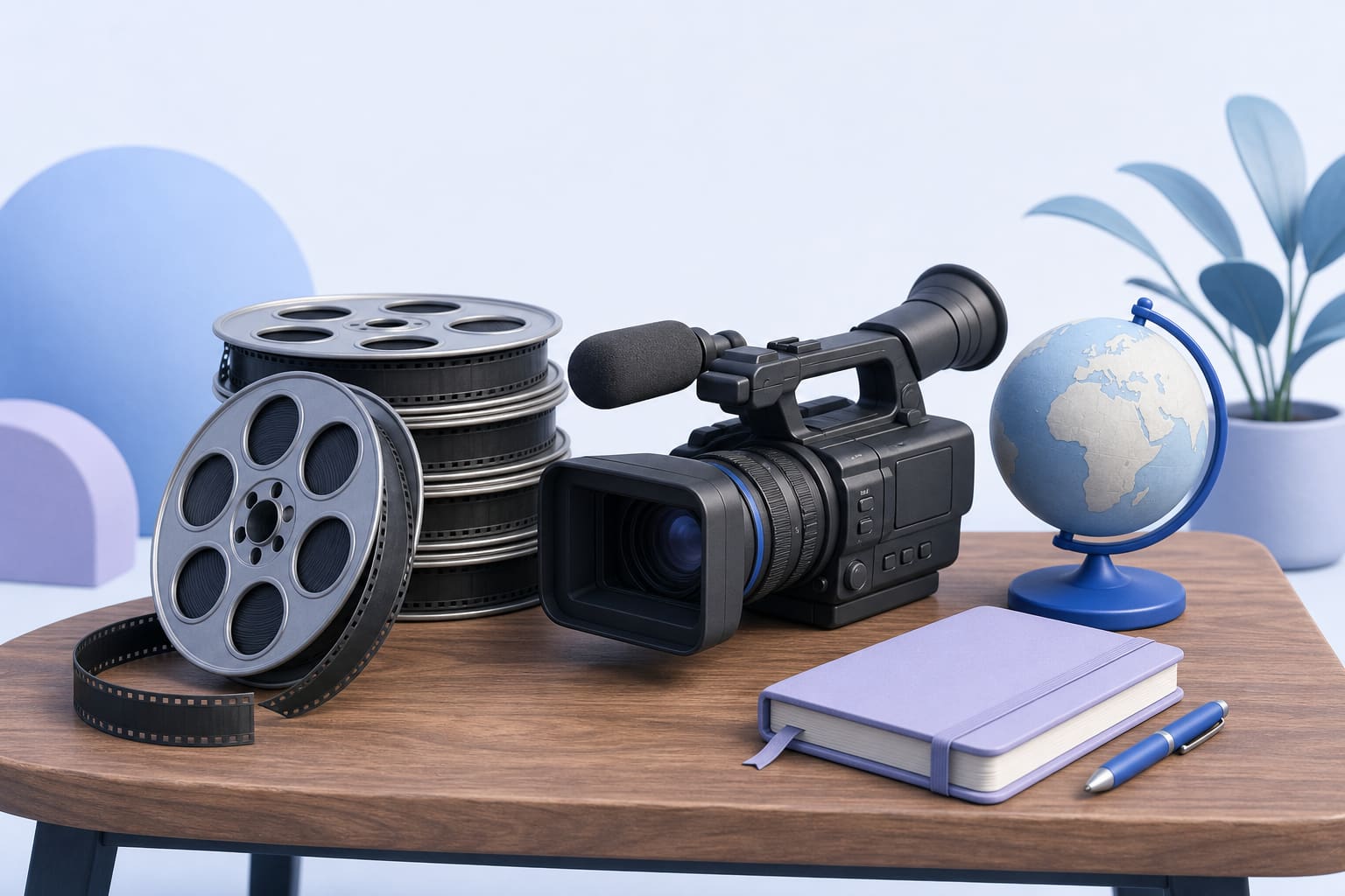 Classic film reels and a modern video camera on a table beside a globe and notebook