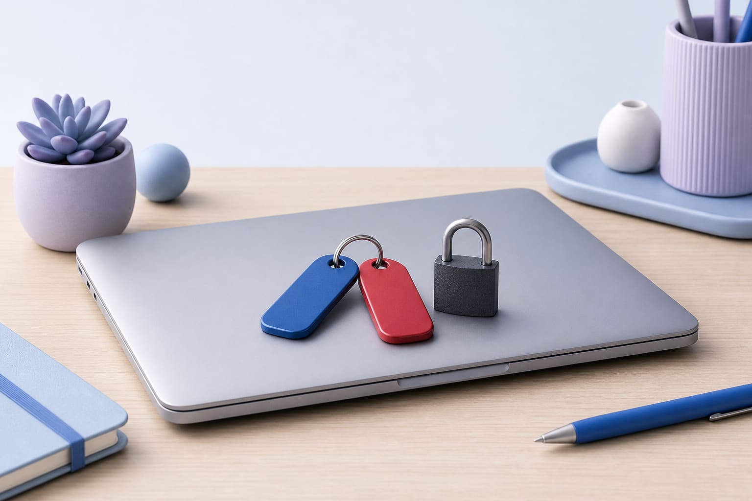 Closed laptop with two key tags and a padlock on a desk, representing separate personal and corporate access