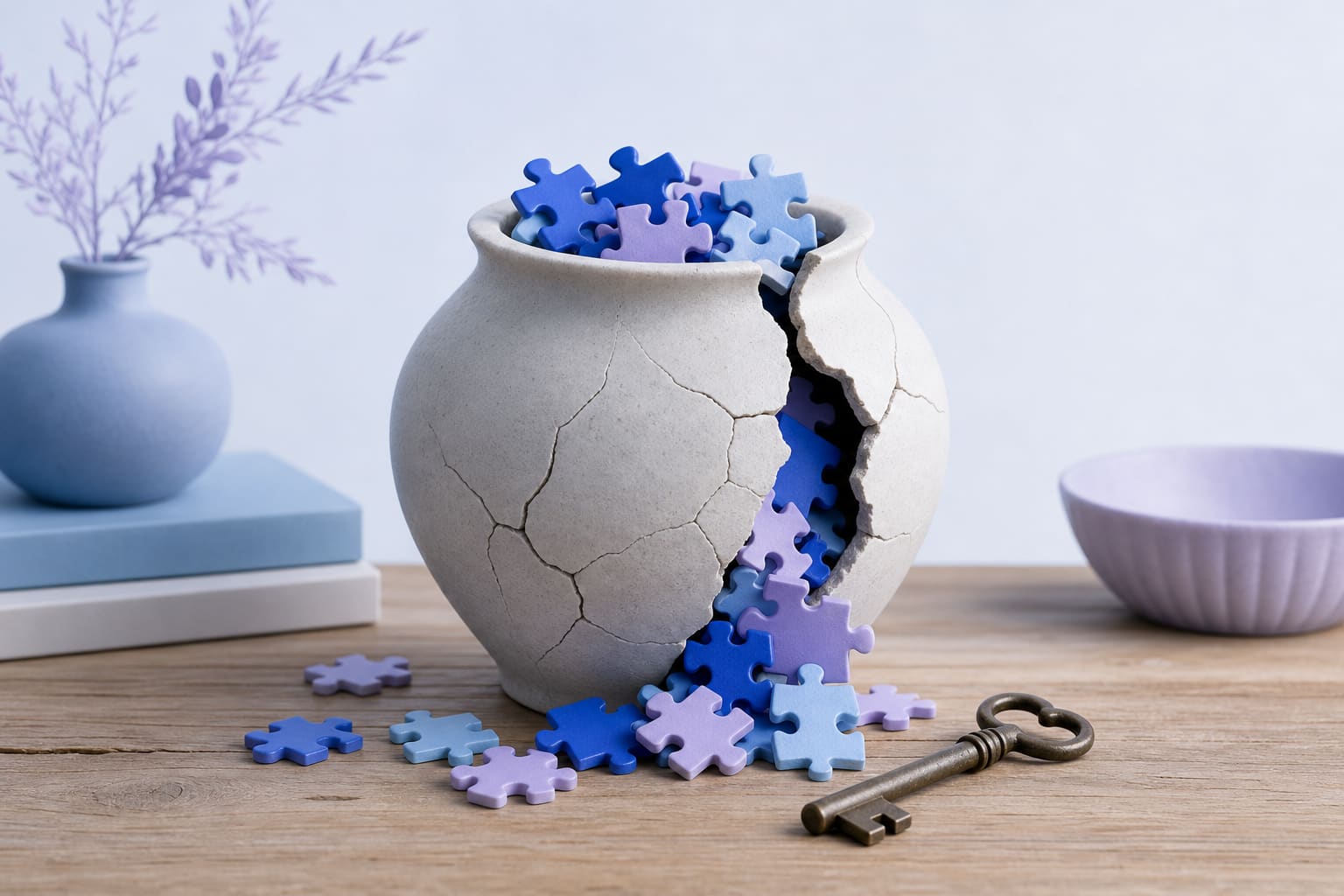 a cracked vase spilling puzzle pieces next to an old key on a desk, symbolizing broken security