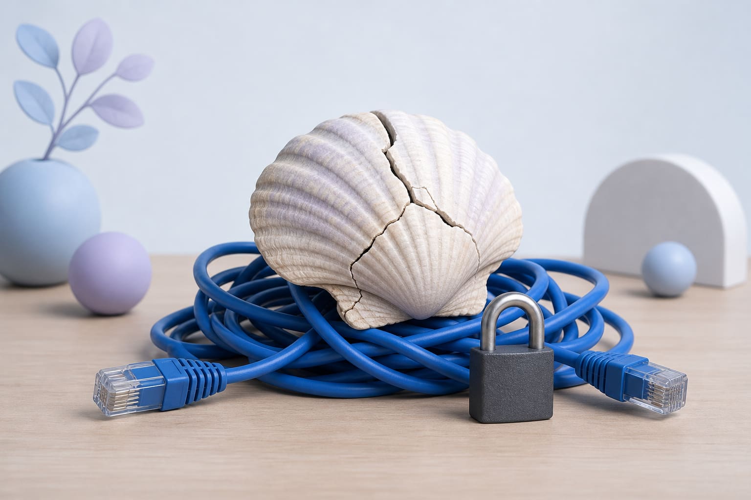 A cracked seashell on tangled network cable with a padlock, symbolizing a PHP runtime flaw and protection