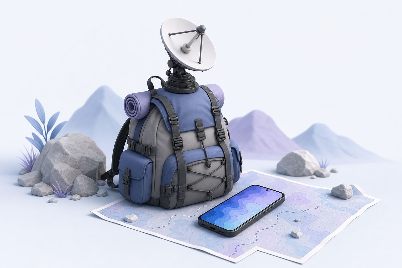 Satellite dish on a backpack next to a smartphone on a map, illustrating emergency satellite connectivity.