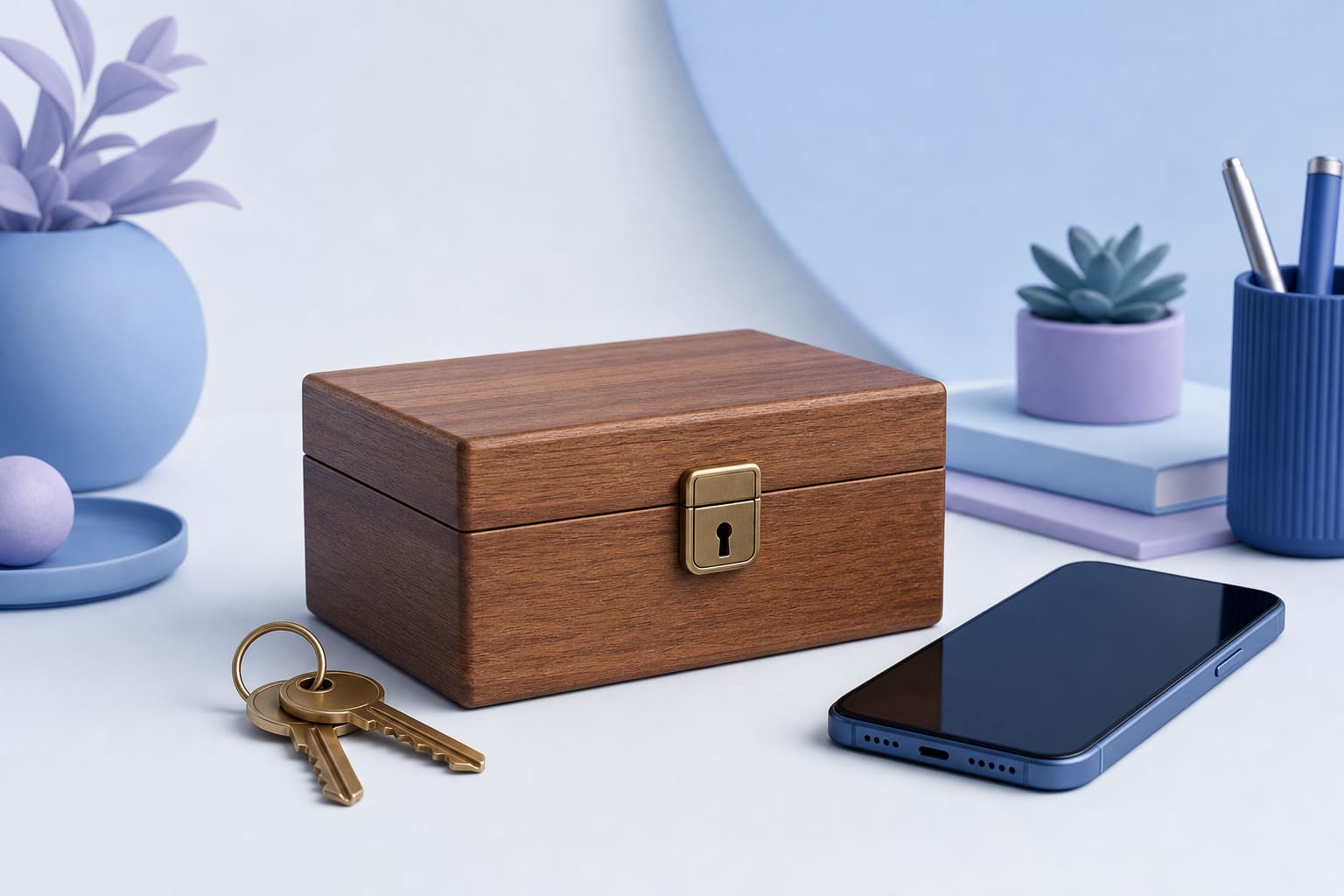 Wooden box marked private beside a smartphone and brass keys, symbolizing secure private app distribution