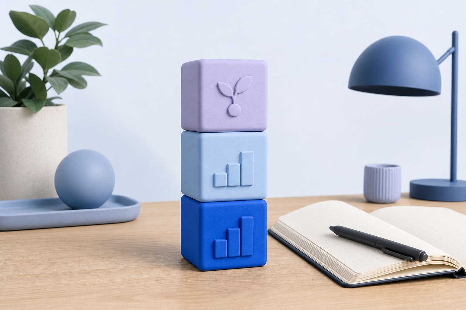 stack of three colored blocks labeled seed, Series A, Series B on a desk next to an open notebook