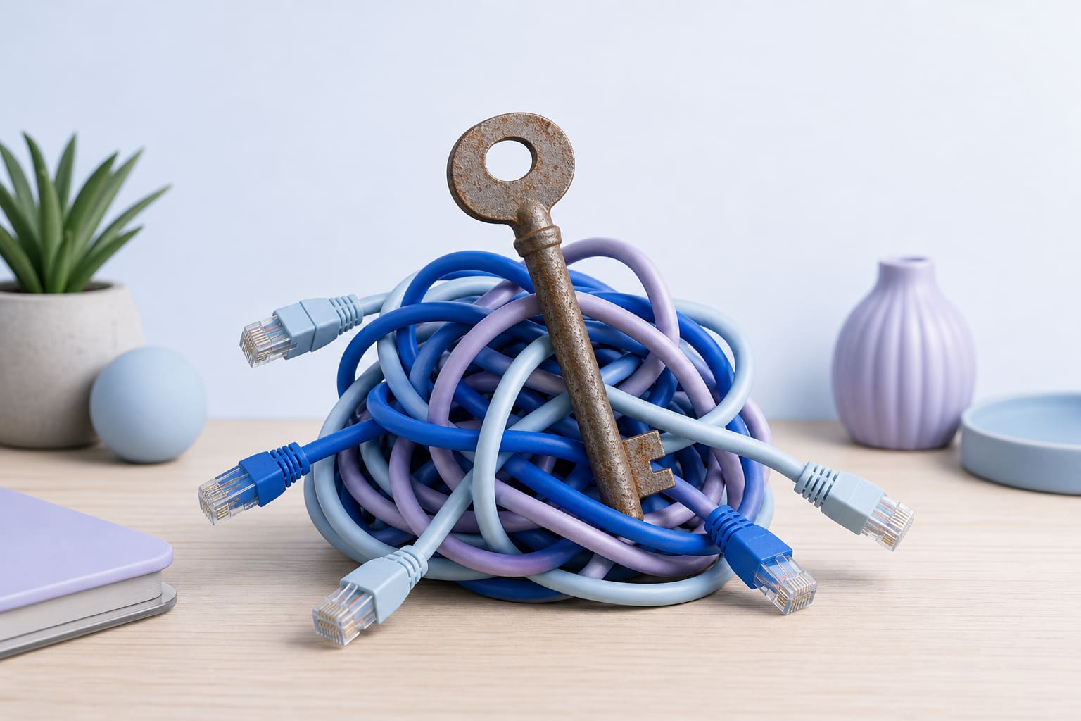 Rusty key tangled in Ethernet cables on a wooden surface, symbolizing a hidden security breach