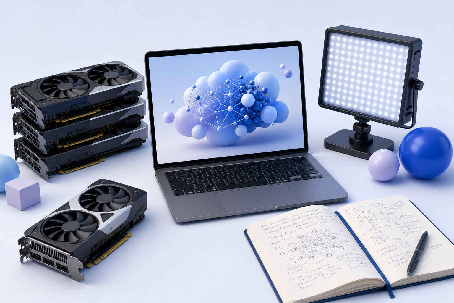Laptop with graphics cards, bright mini LED display, and notebook with AI notes